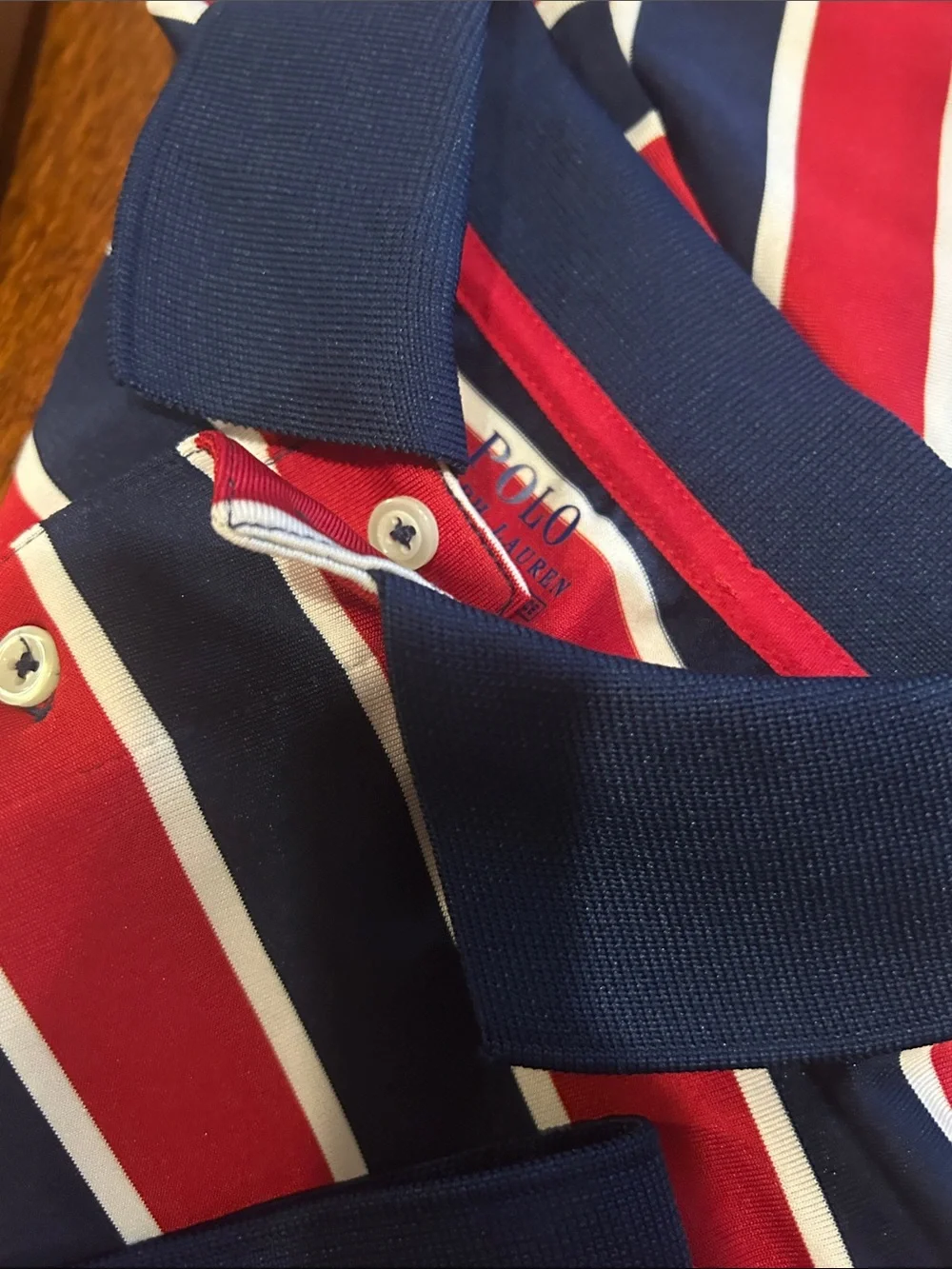 Polo Ralph Lauren Boys M 10-12 Red, Navy & White Striped Performance SS Shirt